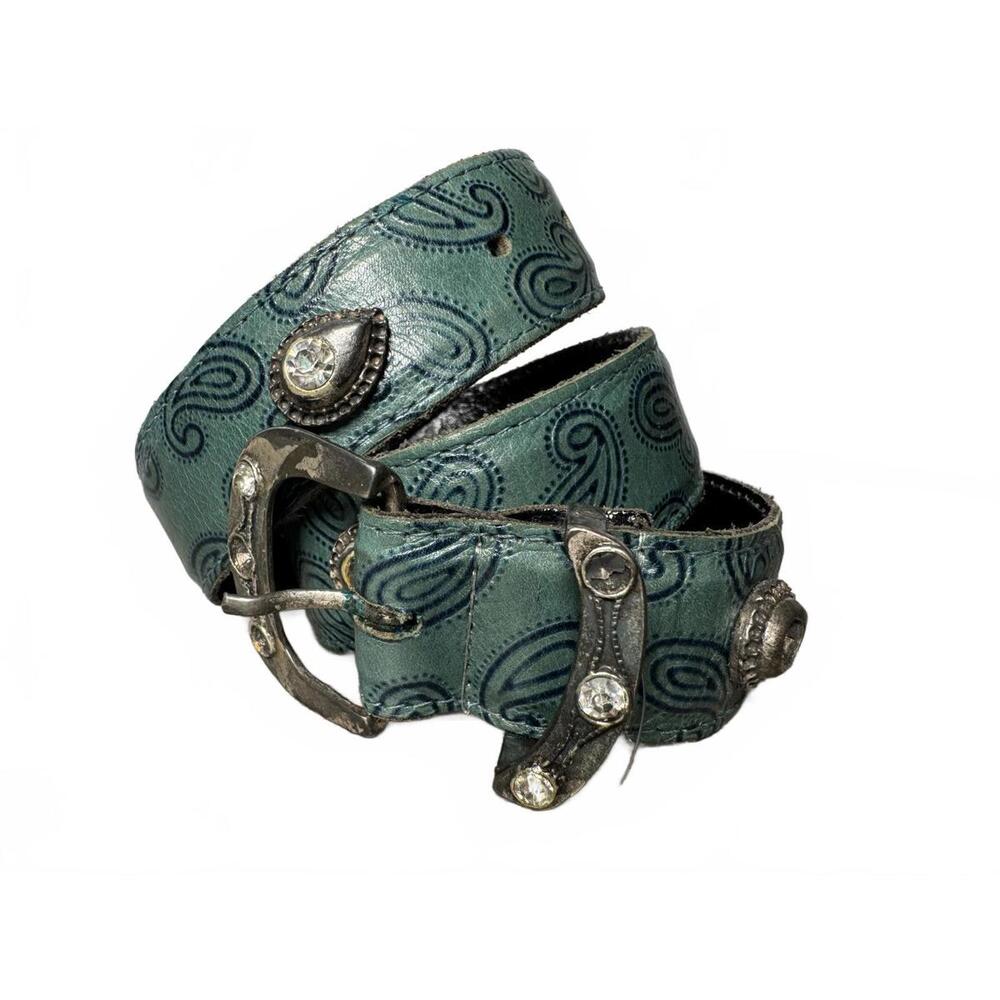 Jill Stuart Womens Leather Belt Green Small Vintage Pewter Buckle Paisley Print